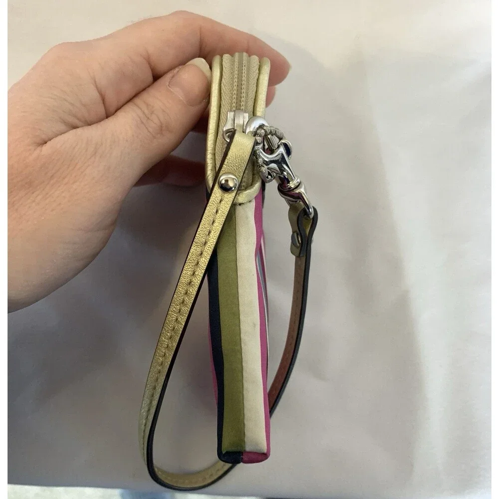 Coach Legacy Stripe Universal Wristlet Pouch Zip Wallet Gold Leather Pink Inside